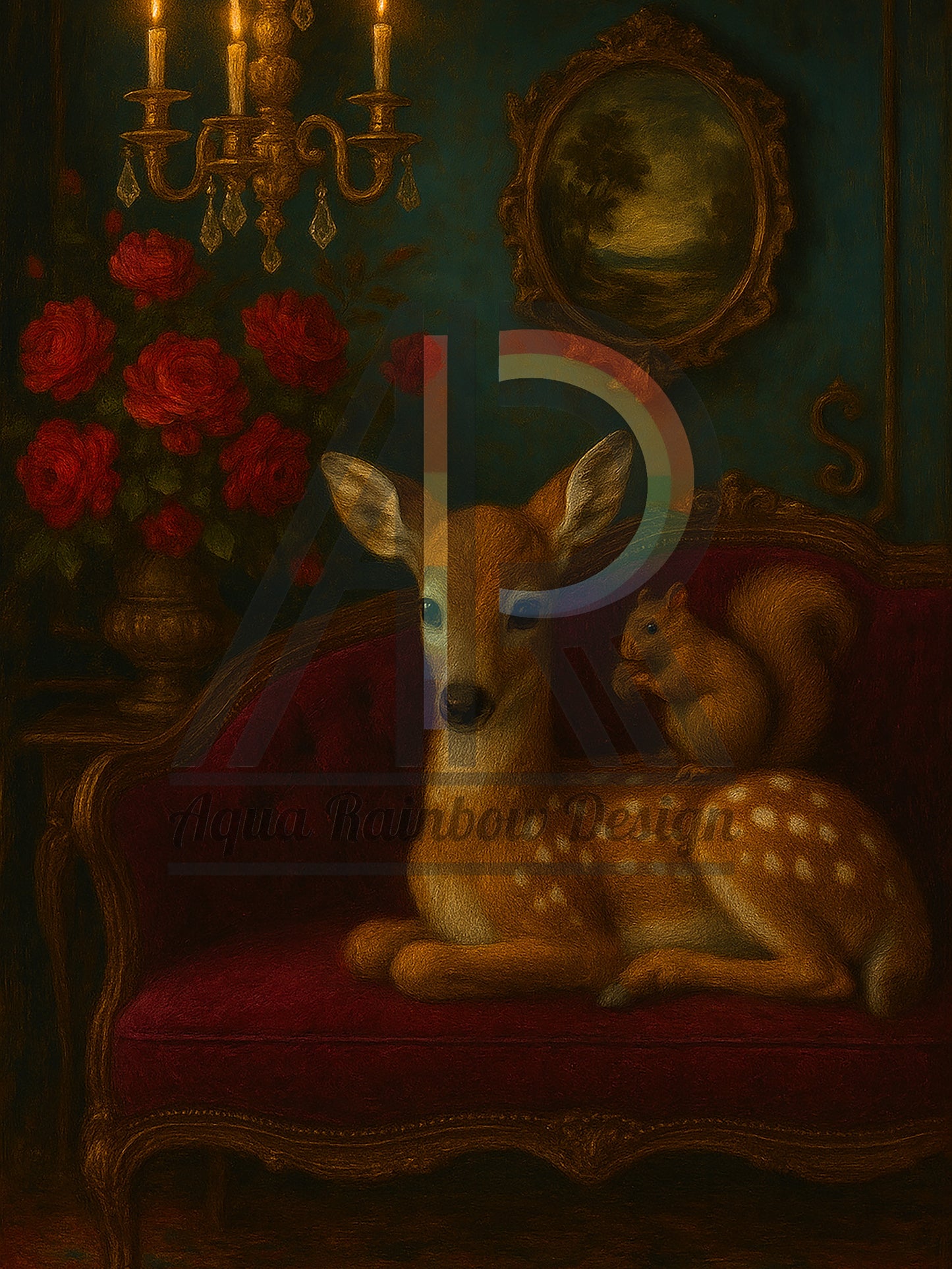 Fawn & Squirrel in Crimson Salon