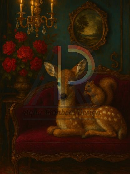 Fawn & Squirrel in Crimson Salon